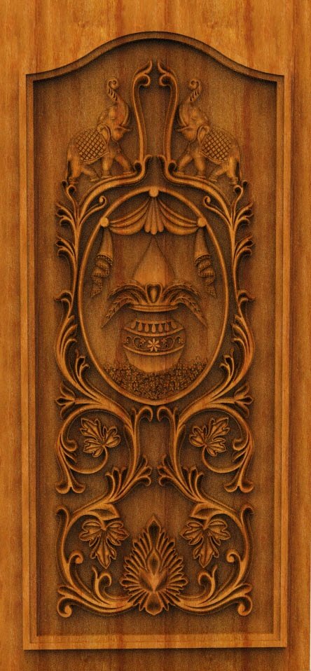 3D DOOR - OAK-62 Traditional Kalash and Elephant Motif Carved Door Design